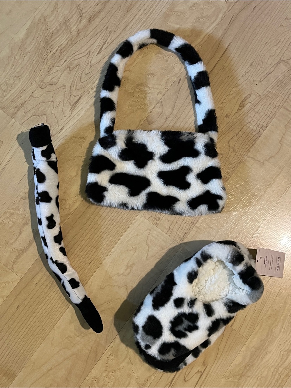 Cow Print Accessory Bundle | Auden Slippers, Mini Bag & Pin-On Tail / NEW